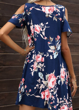 Floral Round Neck Cold-Shoulder Dress - MimiStylez