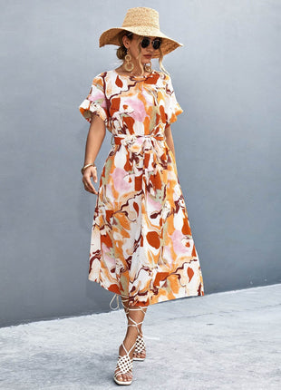 Round Neck Short Sleeve Tie Waist Midi Dress - MimiStylez