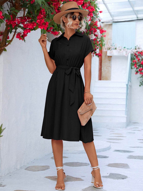 Buttoned Tie Waist Short Sleeve Dress - MimiStylez