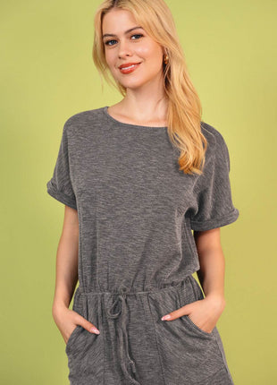 Round Neck Short Sleeve Romper with Pockets - MimiStylez