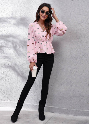 Butterfly V-Neck Balloon Sleeve Peplum Blouse - MimiStylez