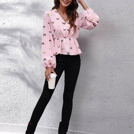 Butterfly V-Neck Balloon Sleeve Peplum Blouse - MimiStylez