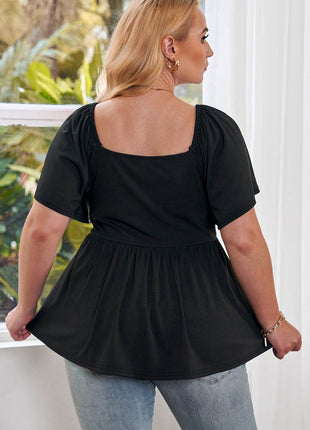 Plus Size Drawstring Sweetheart Neck Babydoll Blouse - MimiStylez