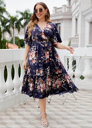 Plus Size Floral Surplice Neck Midi Dress - MimiStylez