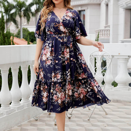Plus Size Floral Surplice Neck Midi Dress - MimiStylez