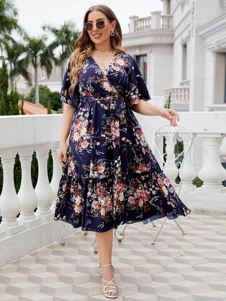 Plus Size Floral Surplice Neck Midi Dress - MimiStylez