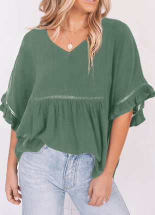 V-Neck Flounce Sleeve Babydoll Blouse - MimiStylez