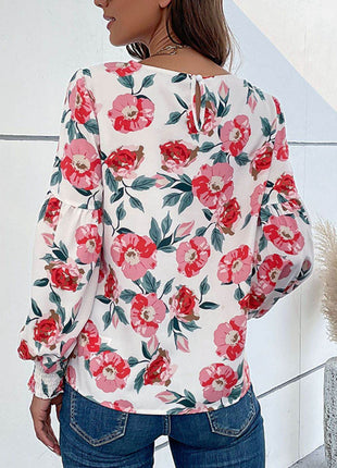 Floral Long Puff Sleeve Round Neck Blouse - MimiStylez