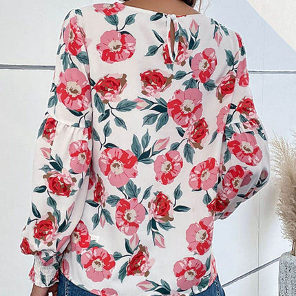 Floral Long Puff Sleeve Round Neck Blouse - MimiStylez