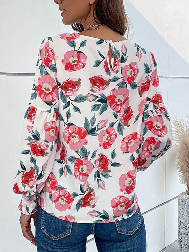 Floral Long Puff Sleeve Round Neck Blouse - MimiStylez
