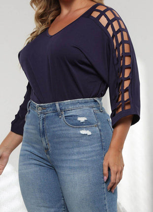 Plus Size Cutout Three-Quarter Sleeve Blouse - MimiStylez