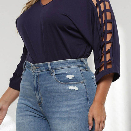 Plus Size Cutout Three-Quarter Sleeve Blouse - MimiStylez