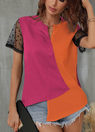 Color Block Notched Short Sleeve T-Shirt - MimiStylez