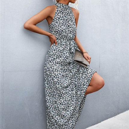 Printed Sleeveless Tie Waist Maxi Dress - MimiStylez