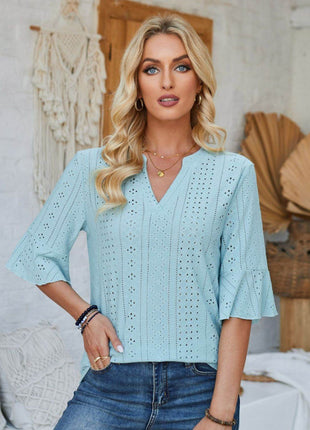 Eyelet Notched Half Sleeve T-Shirt - MimiStylez