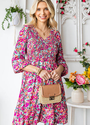 Floral Smocked V-Neck Flounce Sleeve Dress - MimiStylez