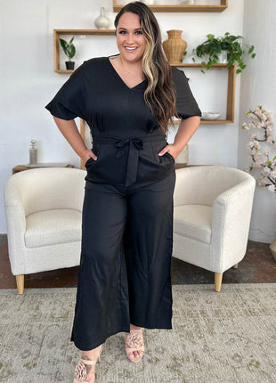 Double Take Full Size V-Neck Tie Front Short Sleeve Slit Jumpsuit - MimiStylez