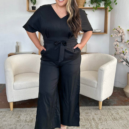 Double Take Full Size V-Neck Tie Front Short Sleeve Slit Jumpsuit - MimiStylez