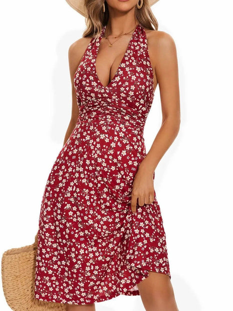 Printed Halter Neck Dress - MimiStylez