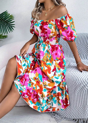 Ruffled Hem Smocked Floral Short Sleeve Midi Dress - MimiStylez
