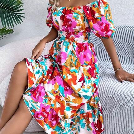 Ruffled Hem Smocked Floral Short Sleeve Midi Dress - MimiStylez