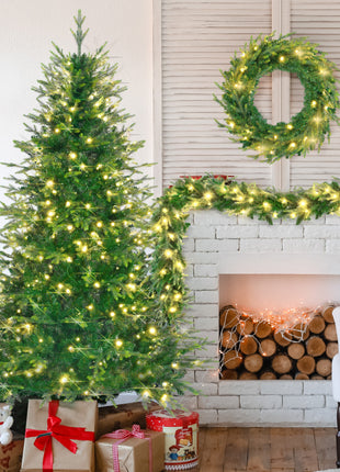 6FT Pre-Lit Aspen Fir Artificial Christmas Tree With Garlands And Wreath - 380 Multi-Color 11 Mode LED Lights, 861 PE Branch Tips