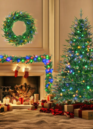 6FT Pre-Lit Aspen Fir Artificial Christmas Tree With Garlands And Wreath - 380 Multi-Color 11 Mode LED Lights, 861 PE Branch Tips