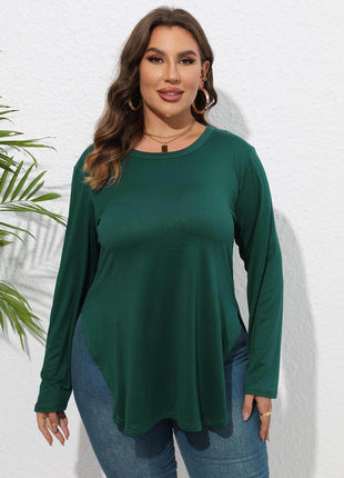 Plus Size Round Neck Long Sleeve Slit T-Shirt - MimiStylez