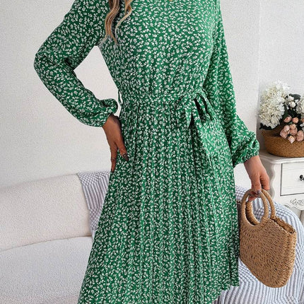 Ditsy Floral Tie Waist Pleated Dress - MimiStylez