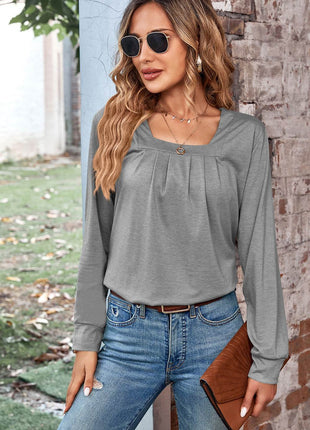 Ruched Square Neck Long Sleeve T-Shirt - MimiStylez