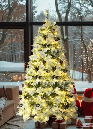 6FT Pre-Lit Spruce Snow Flocked Christmas Tree With Pine Cones, Artificial Xmas Tree With 403 Branch Tips, 250 Multi-Color LED Lights, 11 Flashing Modes
