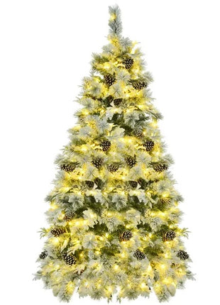 6FT Pre-Lit Spruce Snow Flocked Christmas Tree With Pine Cones, Artificial Xmas Tree With 403 Branch Tips, 250 Multi-Color LED Lights, 11 Flashing Modes