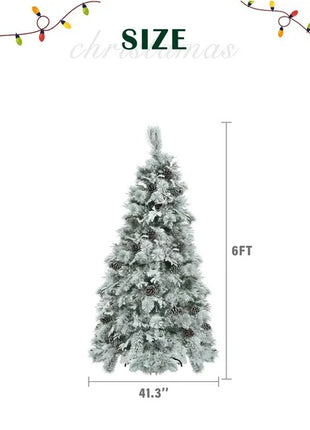 6FT Pre-Lit Spruce Snow Flocked Christmas Tree With Pine Cones, Artificial Xmas Tree With 403 Branch Tips, 250 Multi-Color LED Lights, 11 Flashing Modes