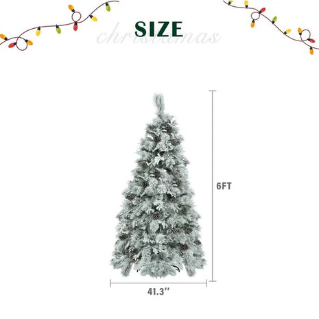 6FT Pre-Lit Spruce Snow Flocked Christmas Tree With Pine Cones, Artificial Xmas Tree With 403 Branch Tips, 250 Multi-Color LED Lights, 11 Flashing Modes