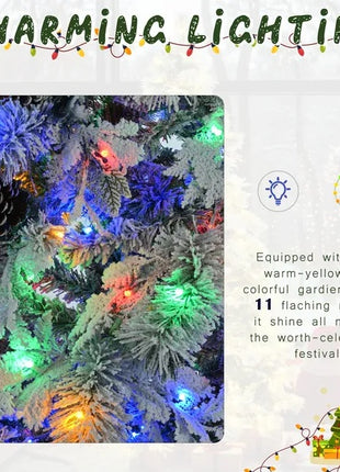 6FT Pre-Lit Spruce Snow Flocked Christmas Tree With Pine Cones, Artificial Xmas Tree With 403 Branch Tips, 250 Multi-Color LED Lights, 11 Flashing Modes