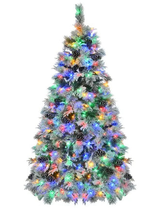 6FT Pre-Lit Spruce Snow Flocked Christmas Tree With Pine Cones, Artificial Xmas Tree With 403 Branch Tips, 250 Multi-Color LED Lights, 11 Flashing Modes