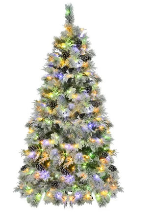 6FT Pre-Lit Spruce Snow Flocked Christmas Tree With Pine Cones, Artificial Xmas Tree With 403 Branch Tips, 250 Multi-Color LED Lights, 11 Flashing Modes