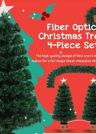 Pre-lit Fiber Optic Christmas Tree 4-Piece Set, Christmas Garland, Wreath And Set Of 2 Entrance Trees With Colorful Lights