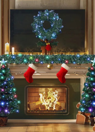 Pre-lit Fiber Optic Christmas Tree 4-Piece Set, Christmas Garland, Wreath And Set Of 2 Entrance Trees With Colorful Lights