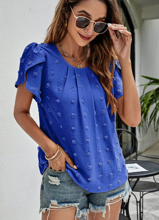 Swiss Dot Round Neck Petal Sleeve Top - MimiStylez