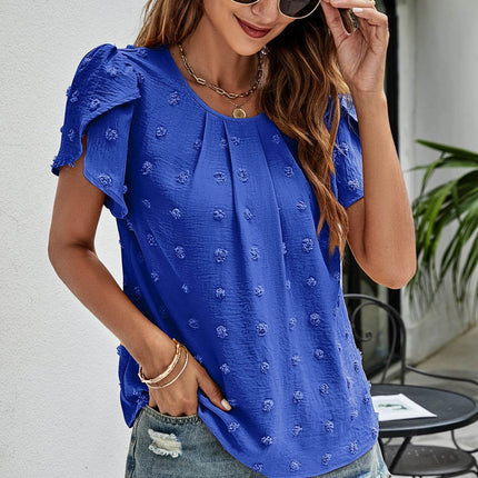 Swiss Dot Round Neck Petal Sleeve Top - MimiStylez