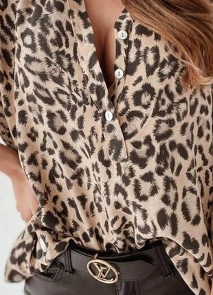 Full Size Leopard Print Roll-Tab Sleeves Blouse Plus Size - MimiStylez
