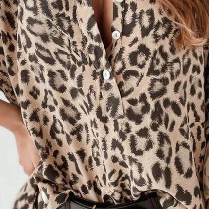 Full Size Leopard Print Roll-Tab Sleeves Blouse Plus Size - MimiStylez