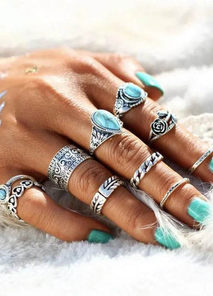 Artificial Turquoise Alloy Ring 10-Piece Set - MimiStylez