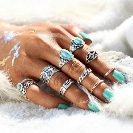 Artificial Turquoise Alloy Ring 10-Piece Set - MimiStylez