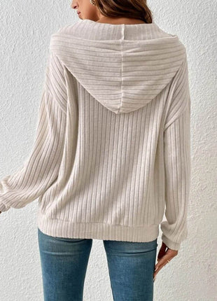 Ribbed Dropped Shoulder Drawstring Hoodie - MimiStylez