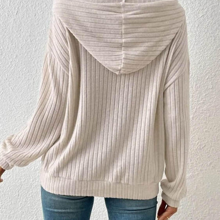 Ribbed Dropped Shoulder Drawstring Hoodie - MimiStylez