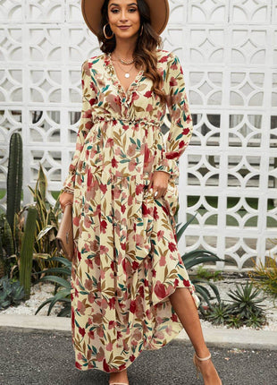 Floral Frill Trim Flounce Sleeve Plunge Maxi Dress - MimiStylez