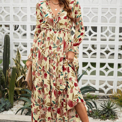 Floral Frill Trim Flounce Sleeve Plunge Maxi Dress - MimiStylez