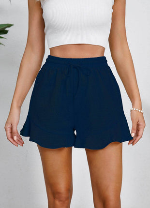Full Size Drawstring Ruffle Hem Shorts - MimiStylez